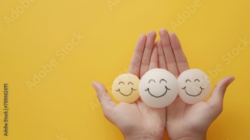 Hands holding happy smile face. mental health positive thinking and growth mindset concept.. on yellow backgroundcopy space photo
