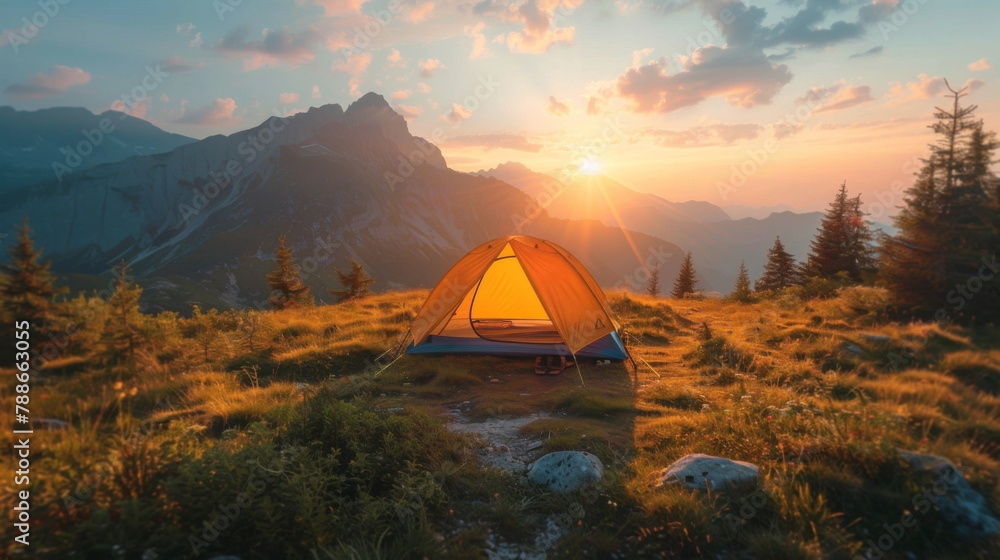 Tent Set Up in Mountain Terrain During Sunset