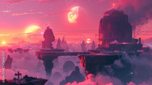 a futuristic city surrounded by clouds and planets in the sky at sunset