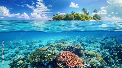 Tropical Island And Coral Reef - Split View With Waterline © Elchin Abilov