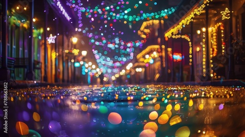 Mardi Gras background with green, purple, and gold glitter covering a festive street scene