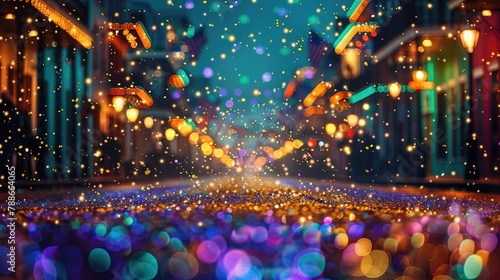 Mardi Gras background with green, purple, and gold glitter covering a festive street scene