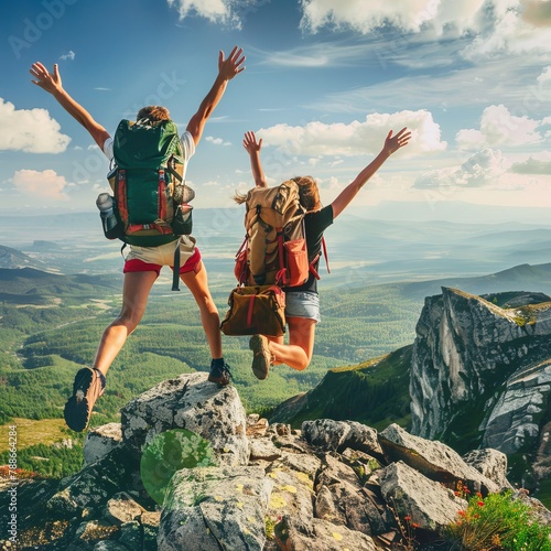 Mountain Summit Elation: Backpackers Leap with Arms Raised - Outdoor Fun