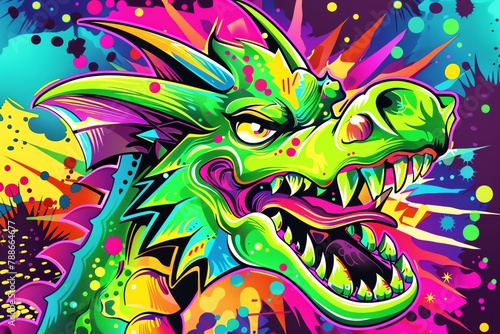 Illustration of a cartoonish dragon in neon green, quirky expression, surrounded by vivid, comicstyle burst effects, © Stone Story