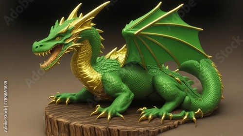 A green forest dragon on a wooden stand