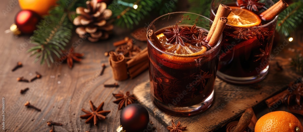 Mulled wine for Christmas seasoned with cinnamon, orange, and anise.