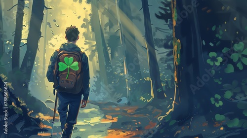 Illustration of a fourleaf clover clipped to a backpack, hiking through a forest trail, dappled light and towering trees surrounding the path