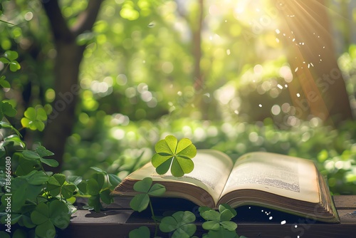 Illustration of a fourleaf clover bookmark in a wellloved book, open on a park bench surrounded by lush greenery and gentle rays of sun photo