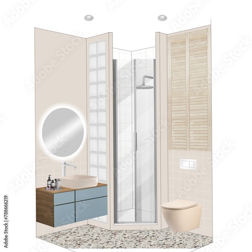 Design interior sketch collage for bathroom with shower 