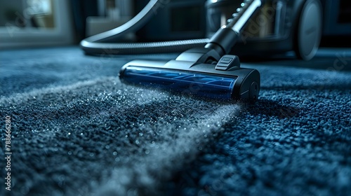 Rhythmic Clean: A Vacuum's Dance on a Blue Carpet. Concept Household Cleaning, Vacuuming Techniques, Carpet Maintenance, Home Appliances