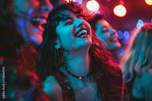 Young women laughing and having fun at a party in neon red and blue light