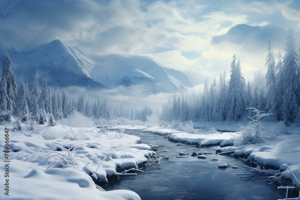 Untouched Snow winter landscape. Nature snowy. Generate Ai