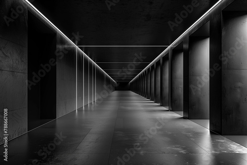 Black and white scene of an empty dark corridor with concrete walls