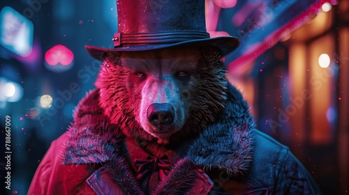   A tight shot of a person in a hat and coat, alongside a bear donning a top hat and matching overcoat photo