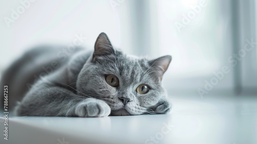 British Shorthair cat lying on white table. Looking at copy-space.