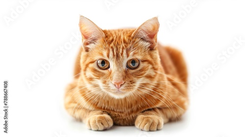 Cute ginger cat sitting and looking at the camera ,isolated on white background