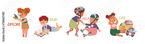 Kid Character Demonstrate Action Verb and Word Vector Set