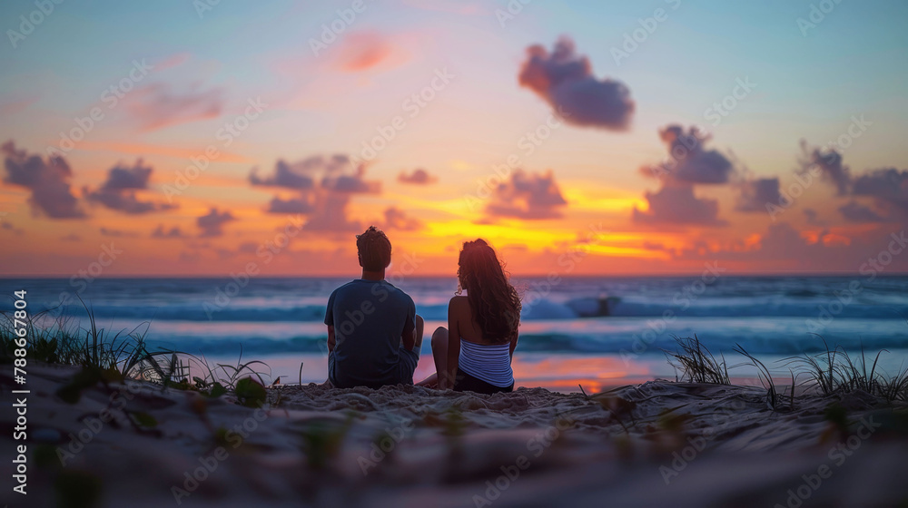 Serene Beach Sunset View with a Relaxed Couple Seated on the Sand Enjoying the Scenery Together