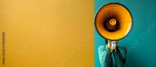 Bold Announcement - Megaphone in Hand with Copy Space. Concept Business Communication, Announcement Strategy, Visual Marketing, Bold Advertising, Megaphone Messaging