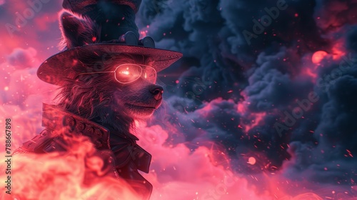   A bear dons hat and glasses, standing before a smoky, clouded sky aglow with radiant red and blue lights