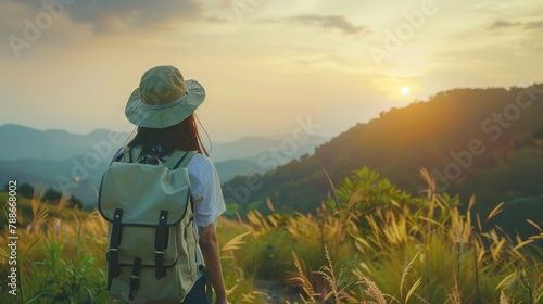 Asian traveler girl with backpack standing enjoy in nature during sunset. AI generated image