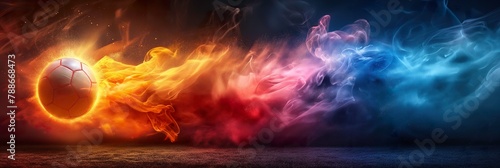 Soccer ball sports fiery dynamic smoke web banner, a dynamic image of a soccer ball with fiery trails, suitable for sports marketing, soccer ball sports fiery dynamic smoke web banner photo