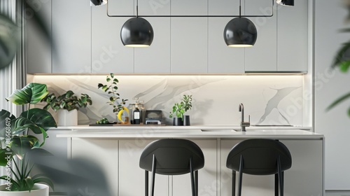 Modern kitchen featuring a white marble island, black pendant lights, and green plant accents. photo