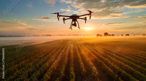 Drone flies over a farm field at sunset 