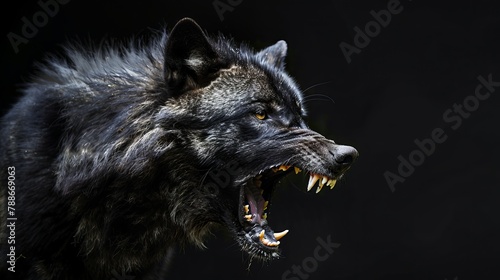 Growling black Wolf studio shot with black background