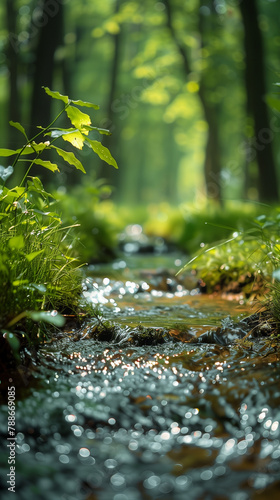Tranquil forest stream with sunlight reflections on water, peaceful nature landscape with lush green plants and soft bokeh background
