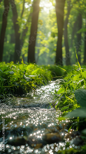 Tranquil forest stream with sunlight reflections on water, peaceful nature landscape with lush green plants and soft bokeh background
