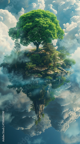 Floating island with single tree above calm lake, surreal fantasy landscape with mountains and forest background, magical nature concept art
