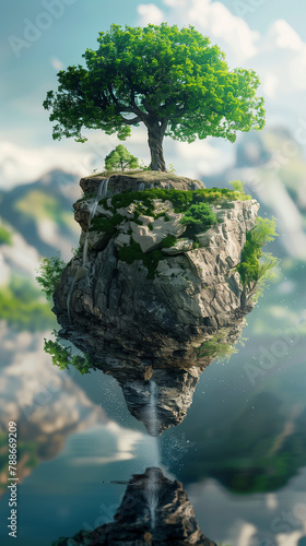 Floating island with single tree above calm lake, surreal fantasy landscape with mountains and forest background, magical nature concept art
