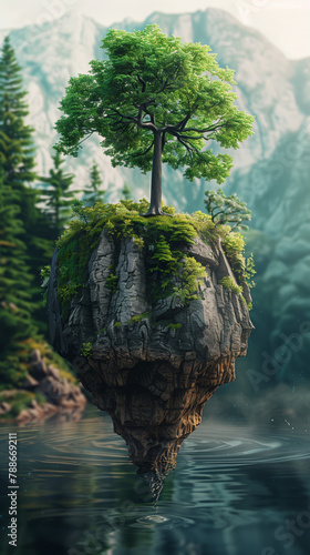 Floating island with single tree above calm lake, surreal fantasy landscape with mountains and forest background, magical nature concept art
