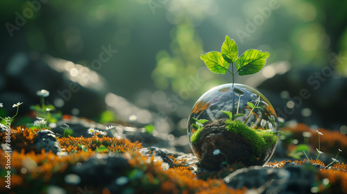 Young green plant growing inside glass sphere in natural forest environment, symbol of sustainability, ecology, and environmental protection
