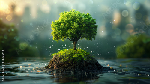 Vibrant green tree growing on a small island in the middle of water, symbolizing resilience, environmental balance, and hope, with cityscape and sunlight in the tranquil background