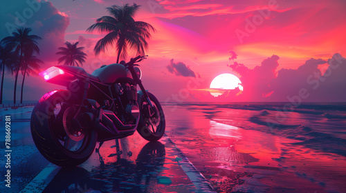 Vaporwave motorcycle, synthwave car, pink sunsut