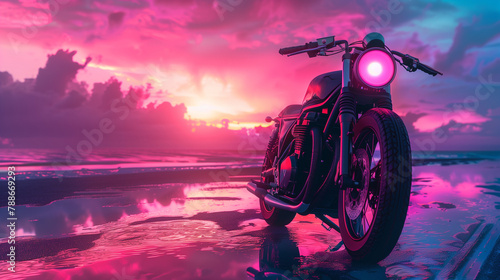 Vaporwave motorcycle, synthwave car, pink sunsut photo