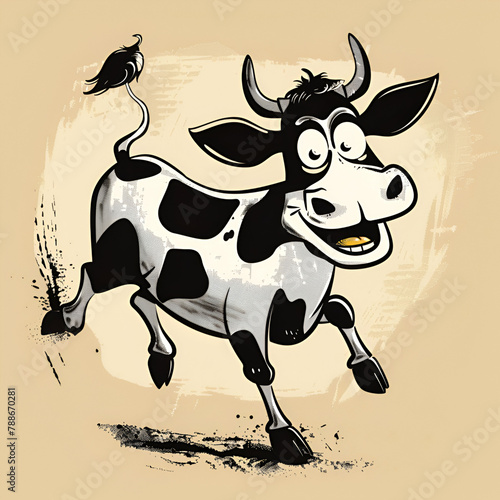 Funny cartoon cow with a quirky expression standing on a beige background 