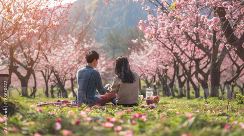 a young couple having a romantic picnic under cherry blossom trees