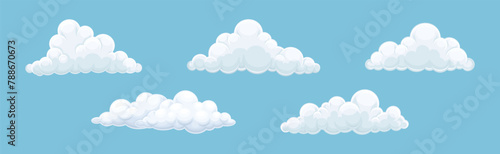 Fluffy Soft Cloud Isolated on Blue Background Vector Set