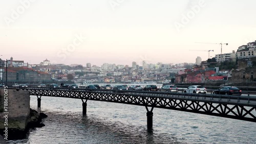 Porto, Portugal car traffic on bridge Viaduto do Cais das Pedras