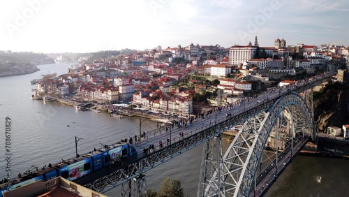 Porto, Portugal stunning timelapse view of the old town and the Bridge Ponte Dom Luis with lots of tourists passing by