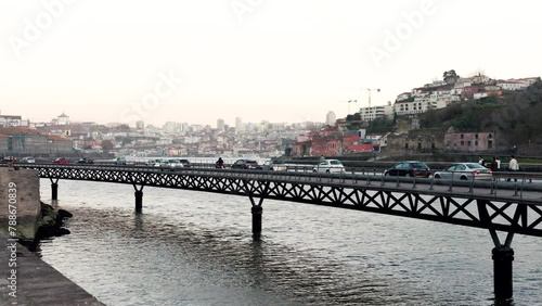 Porto, Portugal car traffic on bridge Viaduto do Cais das Pedras