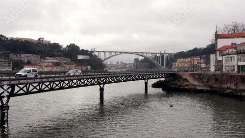 Porto, Portugal car traffic on bridge Viaduto do Cais das Pedras