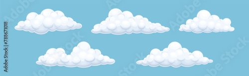 Fluffy Soft Cloud Isolated on Blue Background Vector Set
