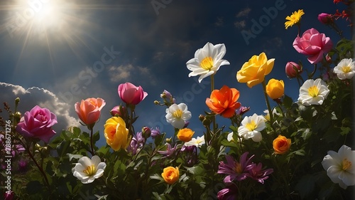  A photorealistic depiction of spring flowers viewed from a downward-upward angle, with a solar eclipse in the background, creating a dramatic and atmospheric scene. photo