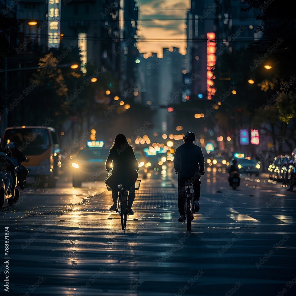 Evening city commute: Two people riding a bicycle through the bustling streets