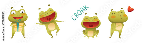 Funny Green Frog Character Engaged in Different Activity Vector Set