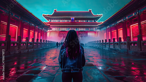 An Asian woman standing in front of ancient Chinese architecture, with neon style, grand monument, Forbidden City